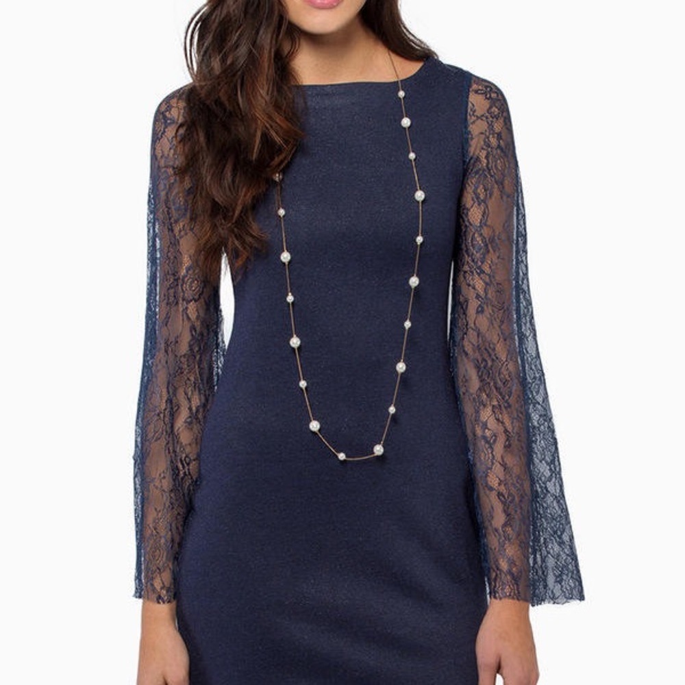 Navy Blue Lace Sleeve Dress - Picture 11 of 11